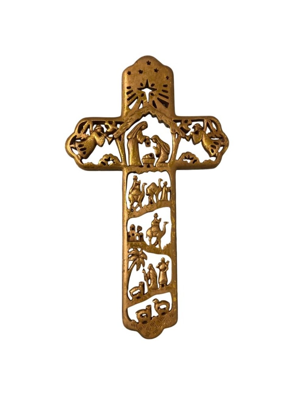 Vintage Gold Tone Nativity Scene Christmas Story Cross With Detailed Cutouts